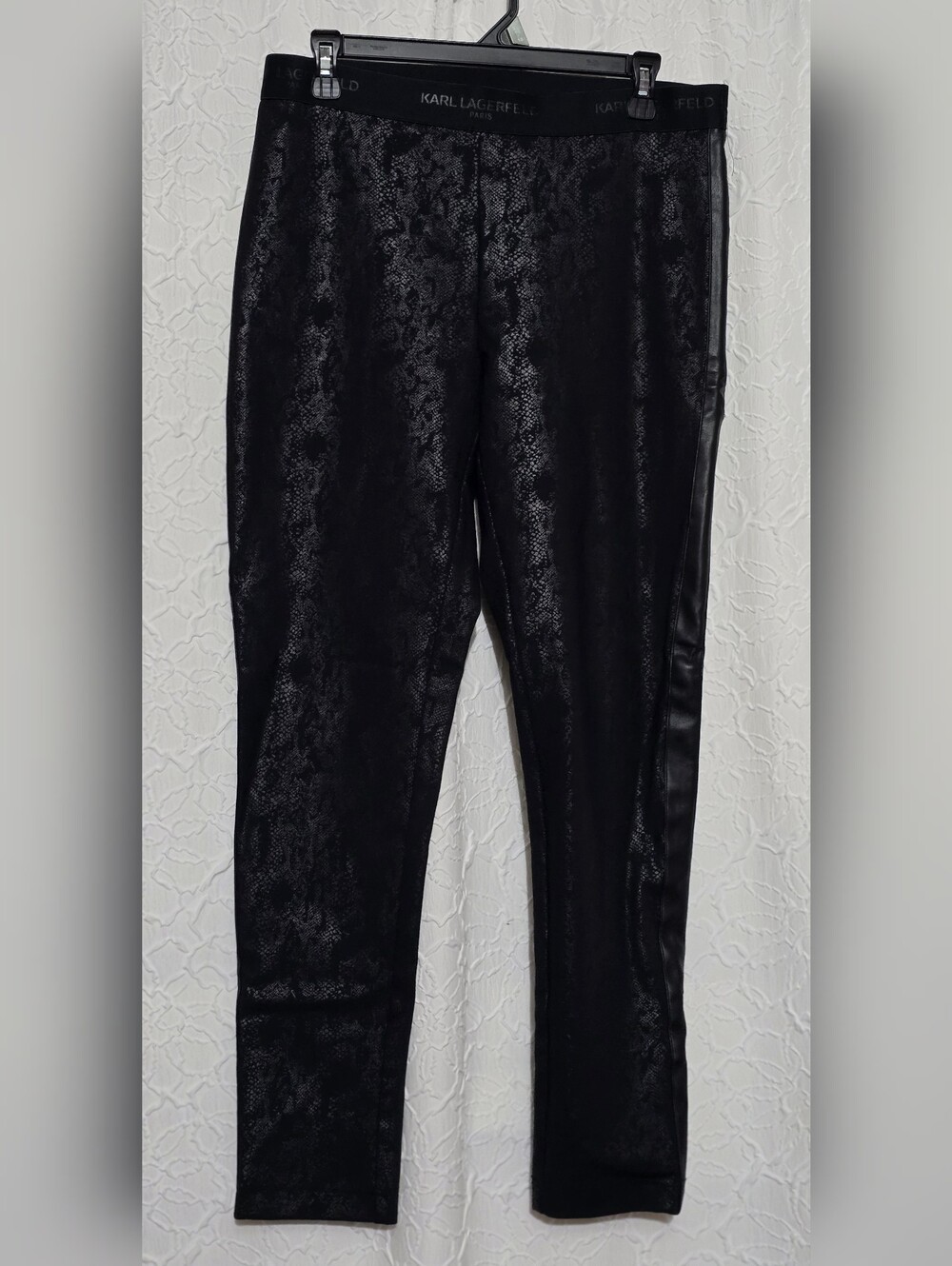 Karl Lagerfeld Black Faux-Snakeskin Ponte Leggings with Side Faux-Leather Panels